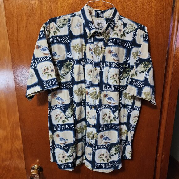 Men's Large Micheal Austin Blue Hawaiian Short Sleeve Button Down Shirt - Picture 2 of 11